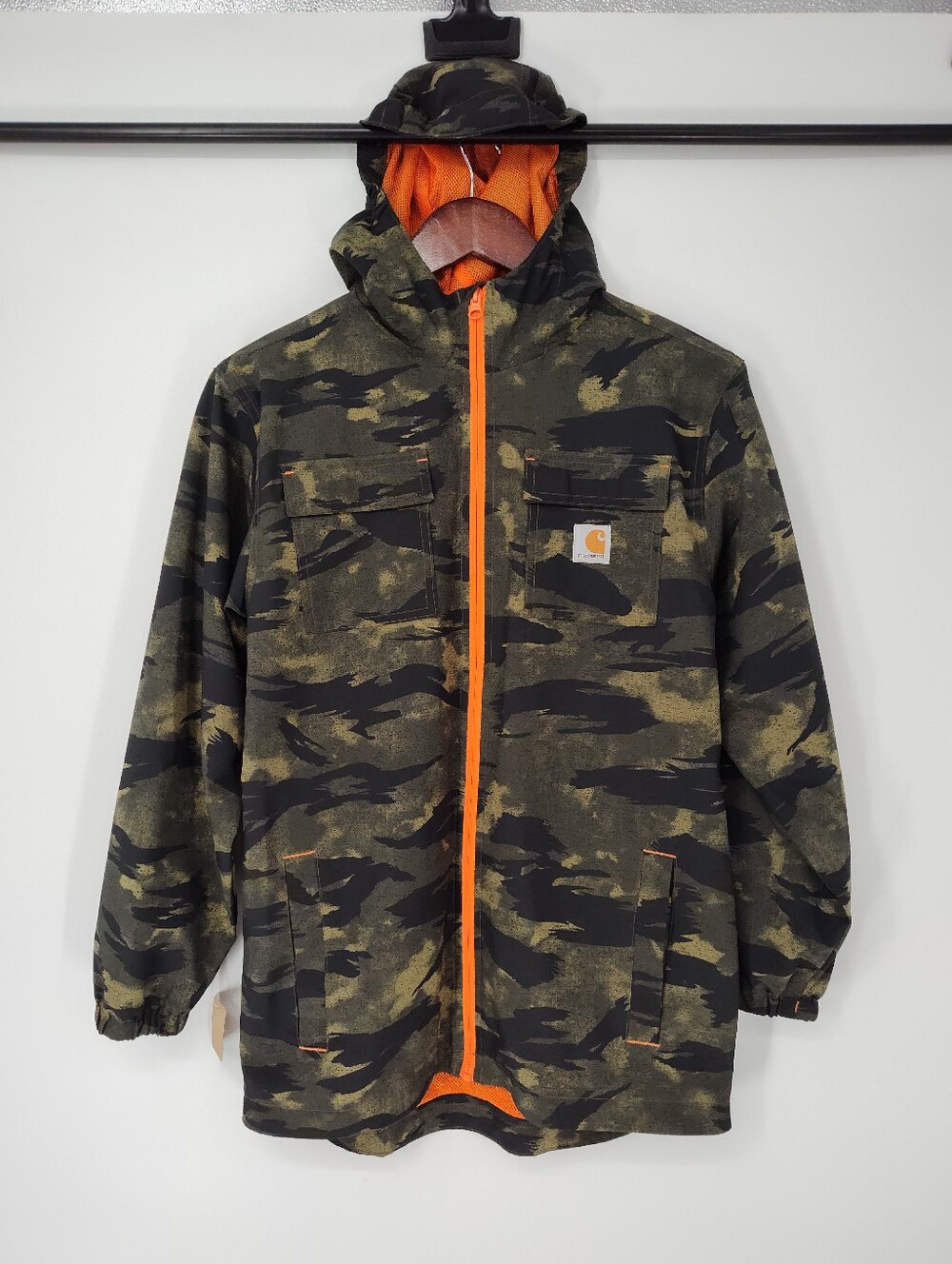 Carhartt Kids' Camo Hooded Raincoat with Bright Orange Trim Size Large 14-16